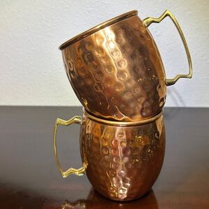 Vintage Set of Hammered Copper Moscow Mule Mugs with Brass Handles